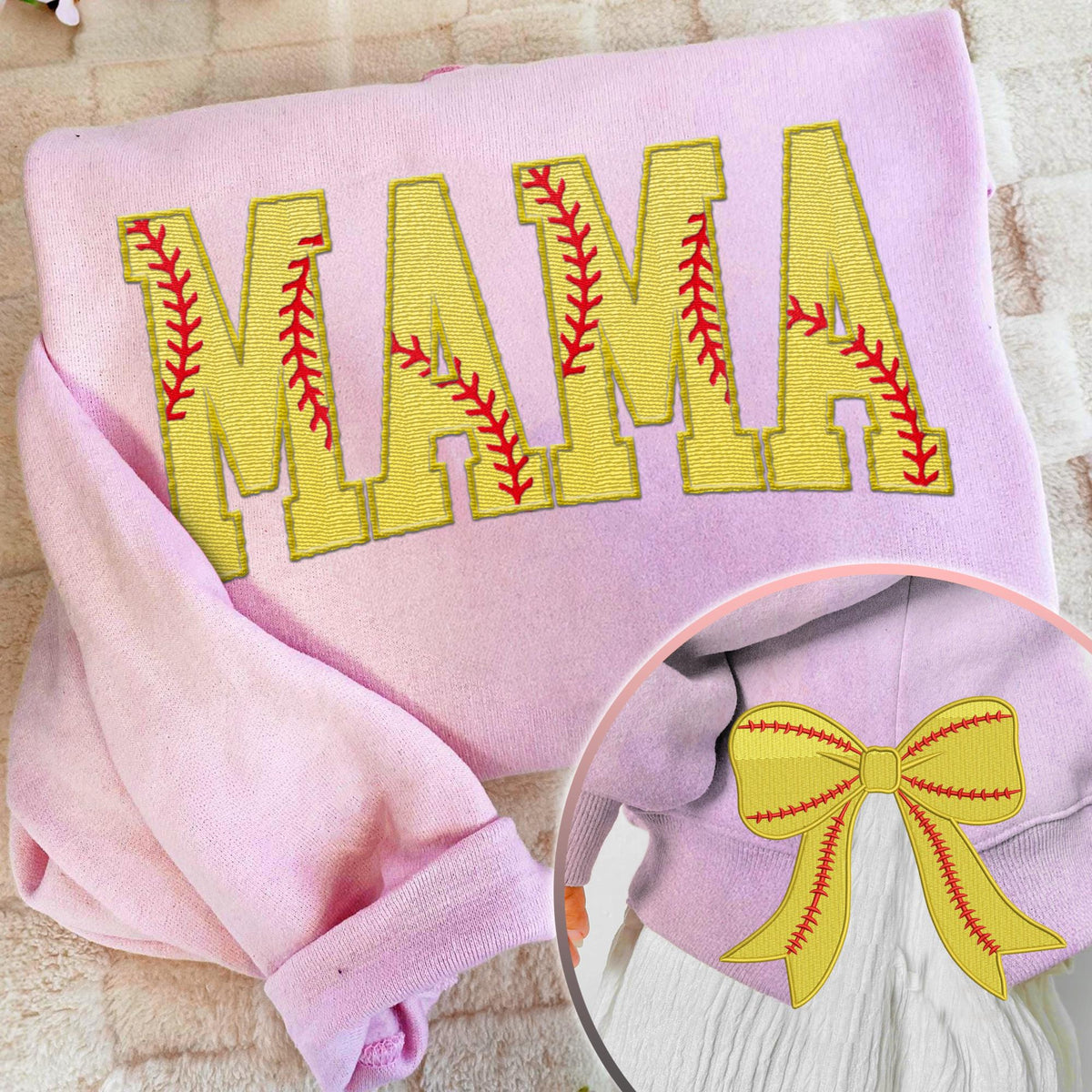 MAMA Softball Coquette Side Bow Sweatshirt, Retro Trendy Coquete Lover Sweater, Bow Applique Pink Girl Gifts