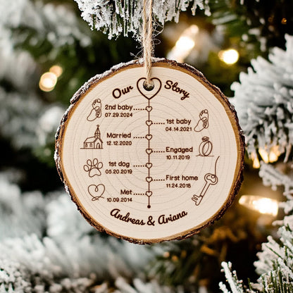 Custom Anniversary Wedding Wood Ornament, Personalized Love Story Timeline Gifts for Him, Anniversary Christmas Ornament Gift for Husband