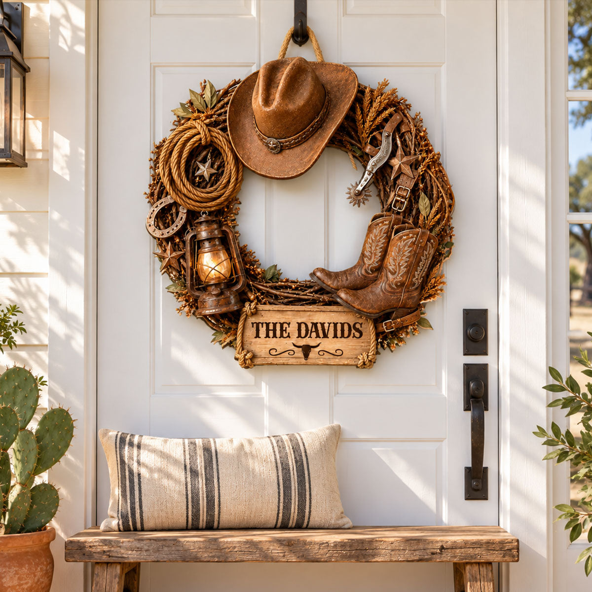 Cowboy Wreath Wood Sign - Custom Family Name Rustic Wall Art Plaque - Housewarming Gift for Farmers, Country Home Decor