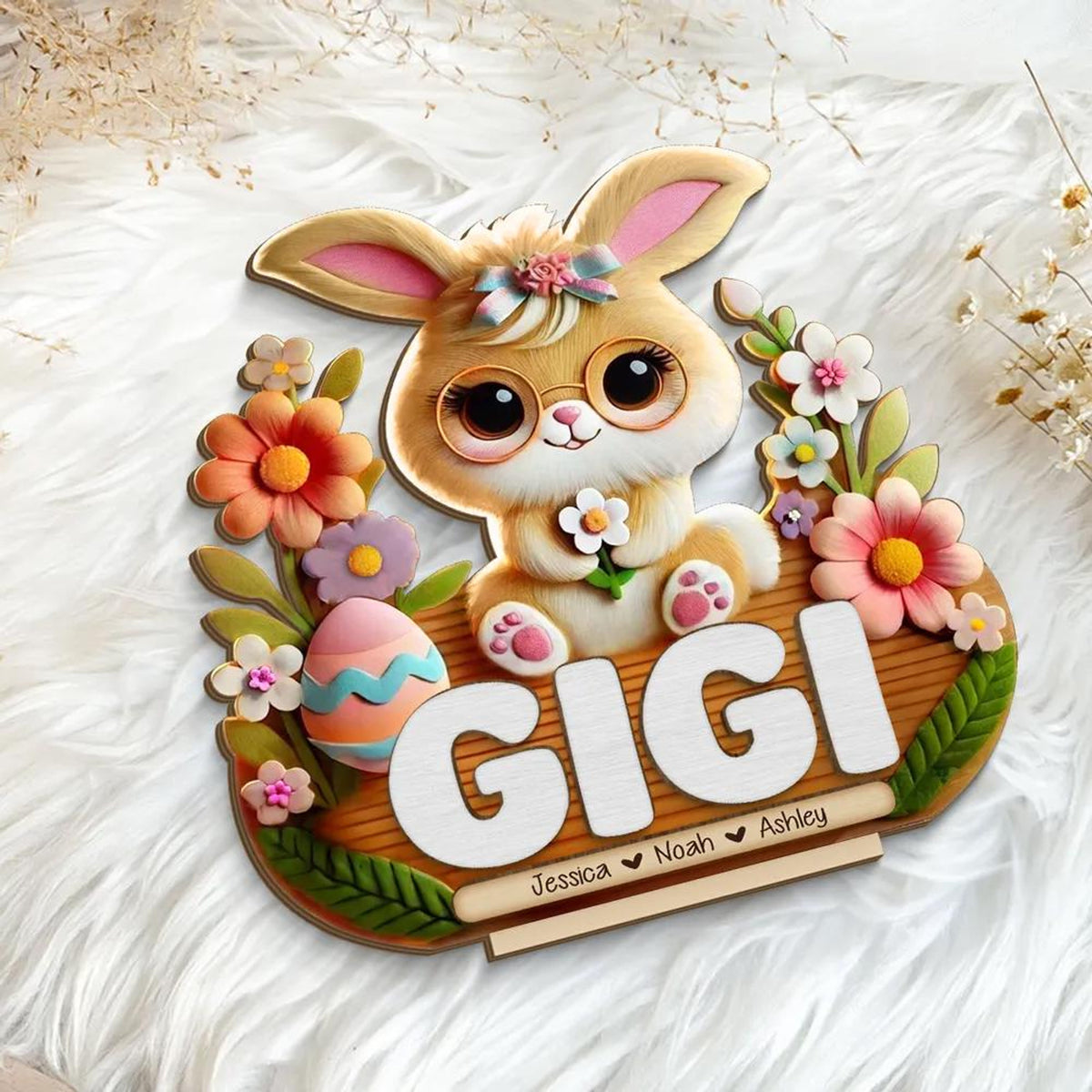 Mom Grandma's Easter Magic With Cute Bunny Engraved Standing Wooden Plaque, Heartfelt Personalized Gift For Mom, For Grandma