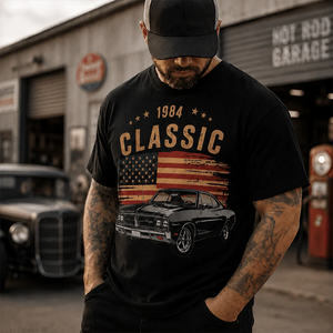 Personalized Classic Car Shirt with Custom Photo, Year & Flag – Retro Tee, Sweatshirt or Hoodie for Car Lovers