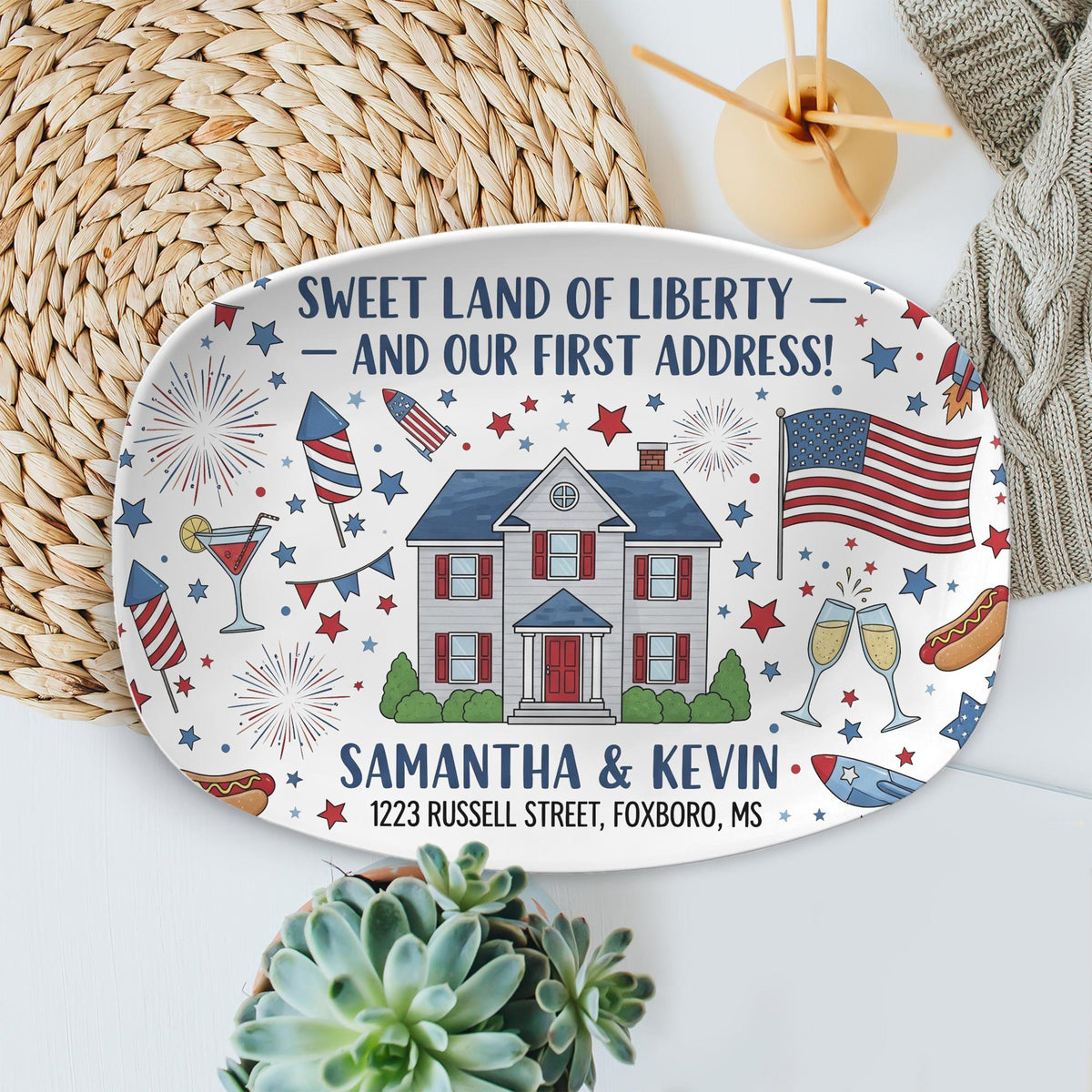 4th July New Home Platter Decoration, Custom Home Address Decor, Patriotic Housewarming Gift, Independence Day Party Decor,New Home Keepsake