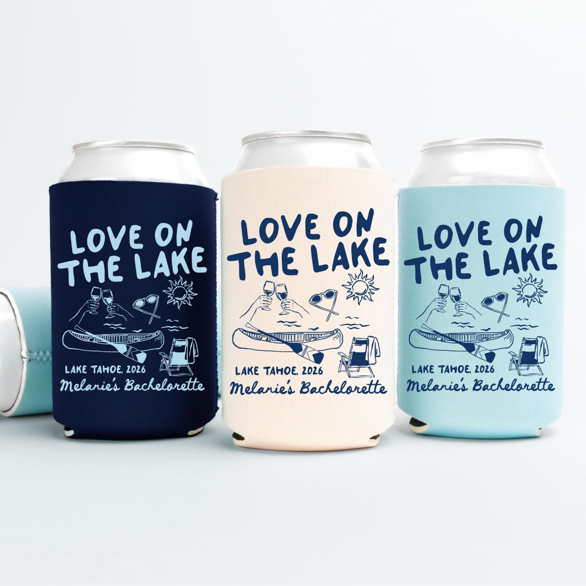 Love On The Lake Bachelorette Can Coolers, Personalized Lake Club Bachelorette Drink Can Sleeves, Camping Bachelorette Party Favors
