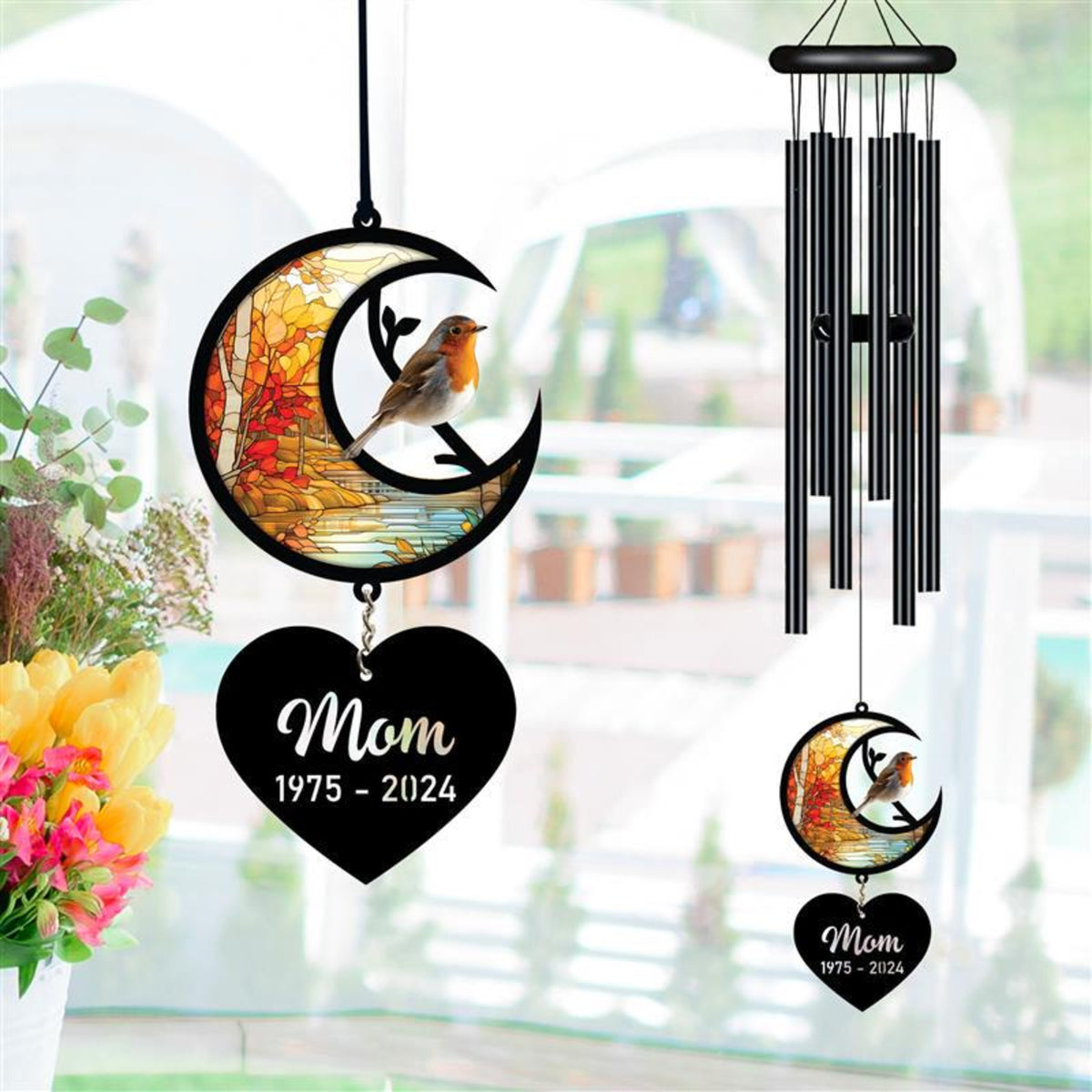 Personalized Memorial Wind Chime, Remembrance Wind Chime, Robin Bird Suncatcher Wind Chime, In Loving Memory, Family Gift, Love Family