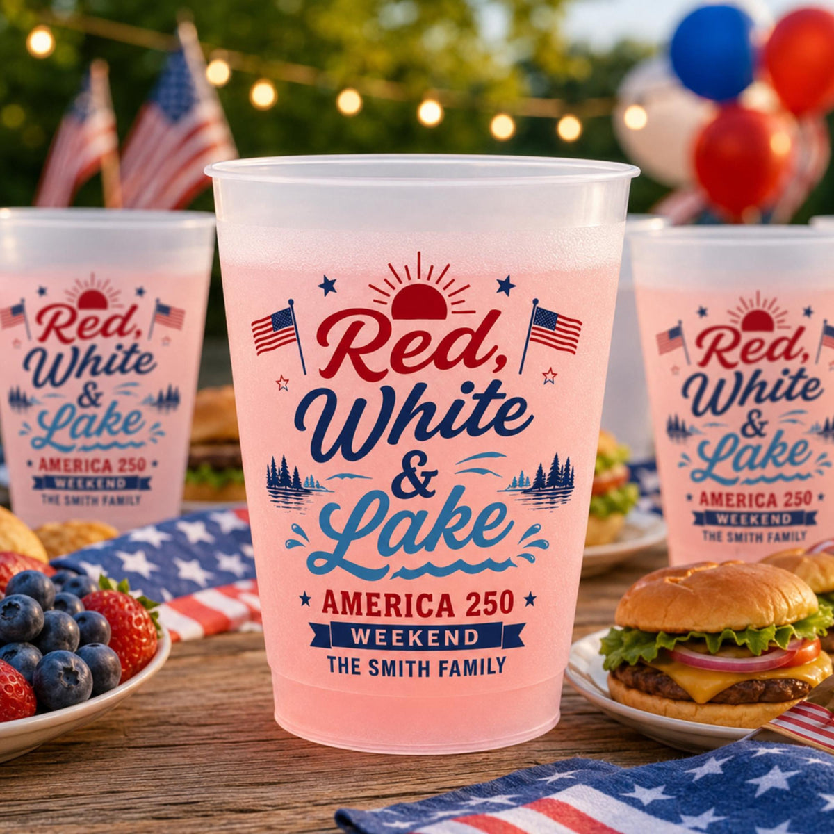 Red White and Lake Plastic Cups, Personalized Lake Weekend Stadium Cups, Custom America 250 Family Party Favors