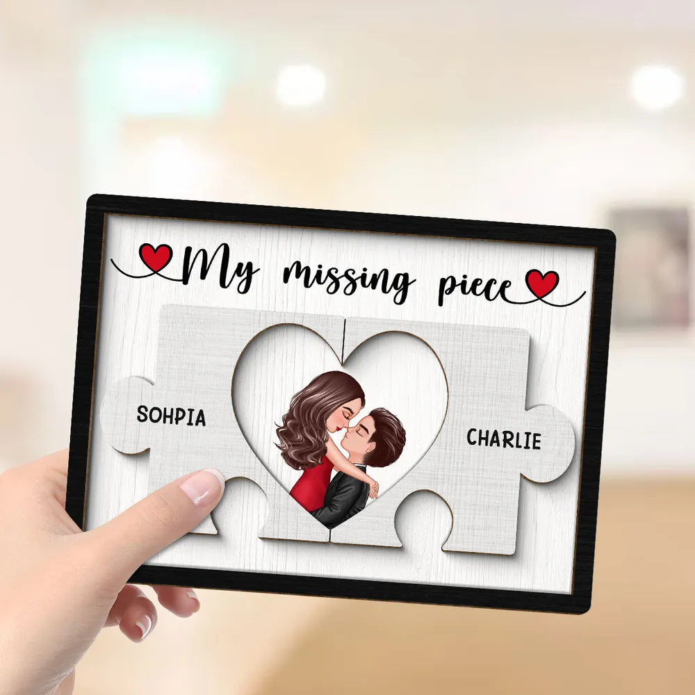 Couple Kissing Missing Piece In Puzzles - Personalized Wooden Plaque - Valentine s Day Gift For Him, For Her