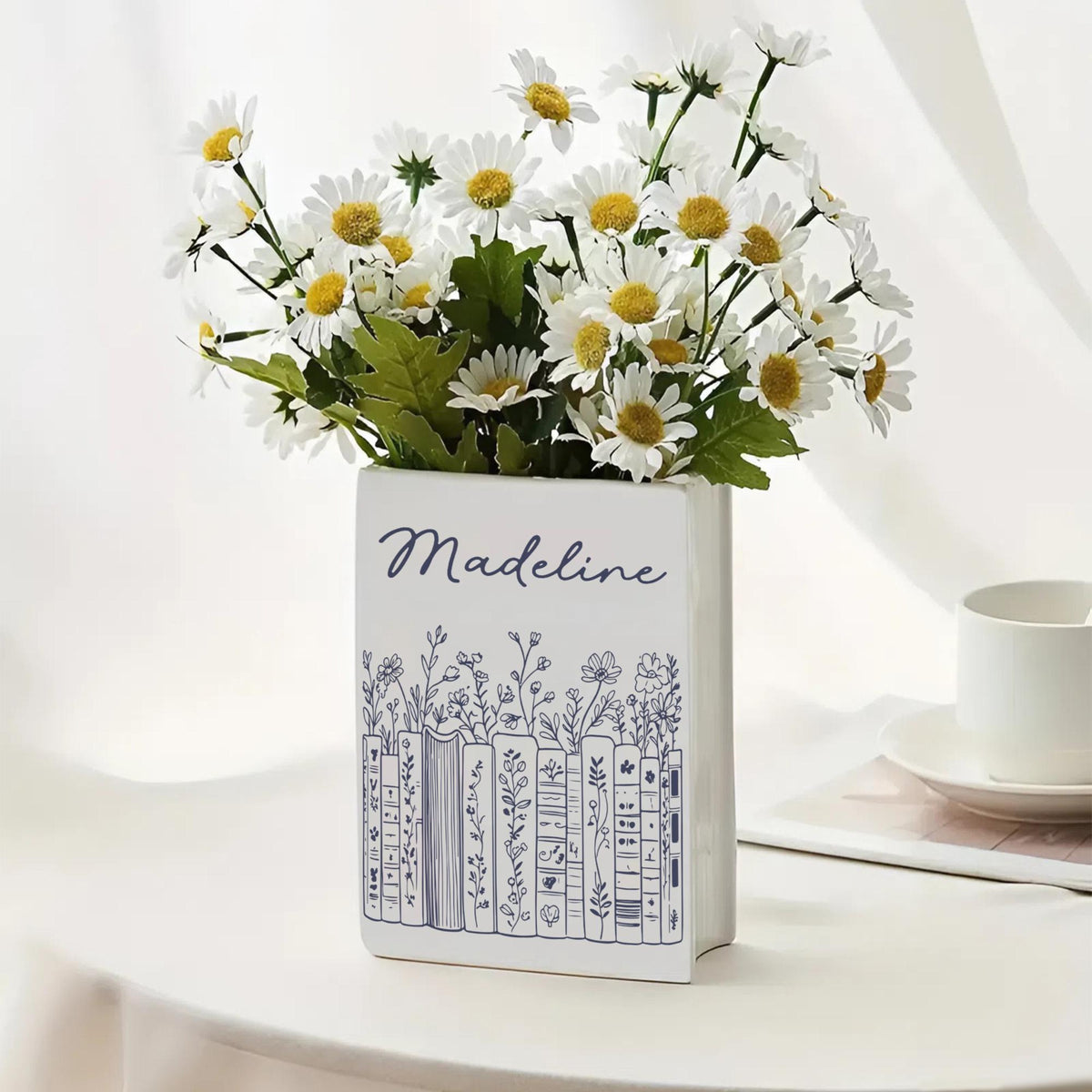 Ceramic Book Vase Customized, Floral Bookshelf Decor, Reading Room Flower Pot, Book Lover Gift, Ceramic Book Flower Vase, Toile De Jouy Vase