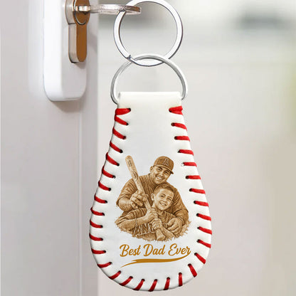 Custom Photo Pencil Drawing Engraved Best Dad Grandpa Ever - Personalized Leather Baseball Keychain
