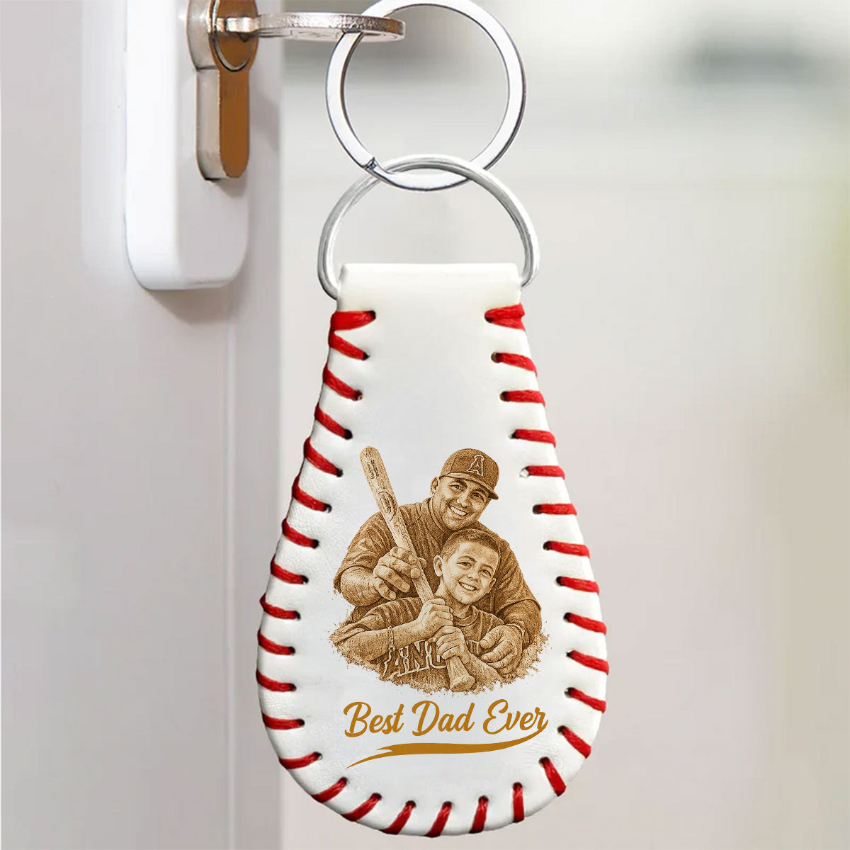 Custom Photo Pencil Drawing Engraved Best Dad Grandpa Ever - Personalized Leather Baseball Keychain