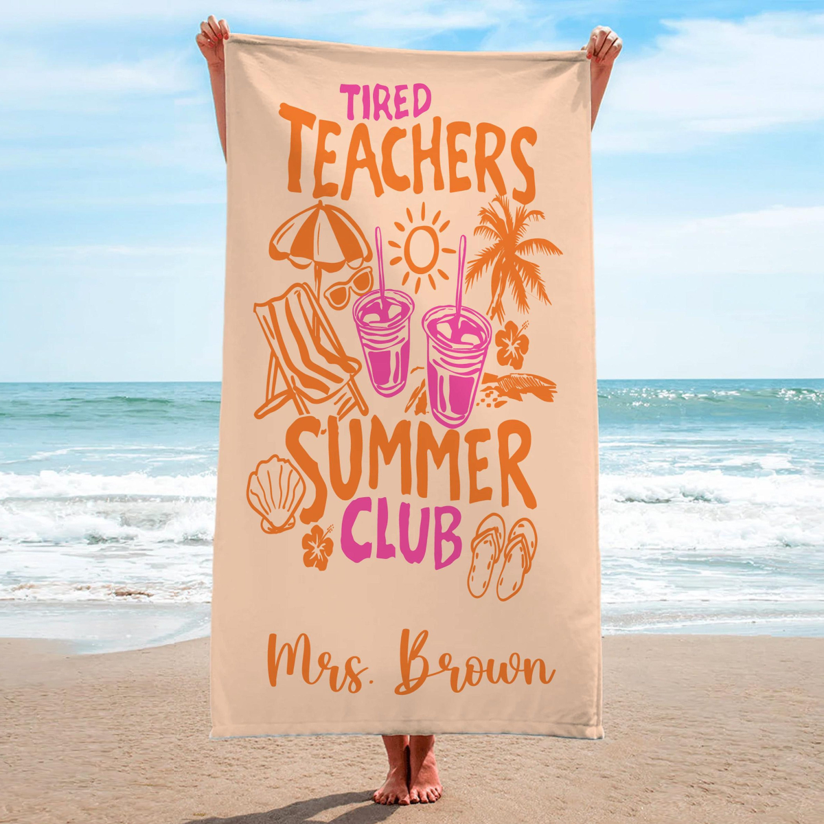 Tired Teachers Summer Club Beach Towel, Custom Name Towel, Summer Gift For Teacher