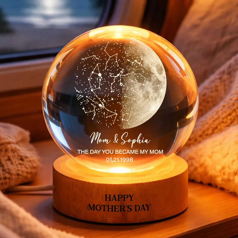 Custom Moon Phase & Star Map by Date Engraved Wooden Base - Personalized Crystal Ball LED Night Light - Gift for Mom, Mother's Day Gift