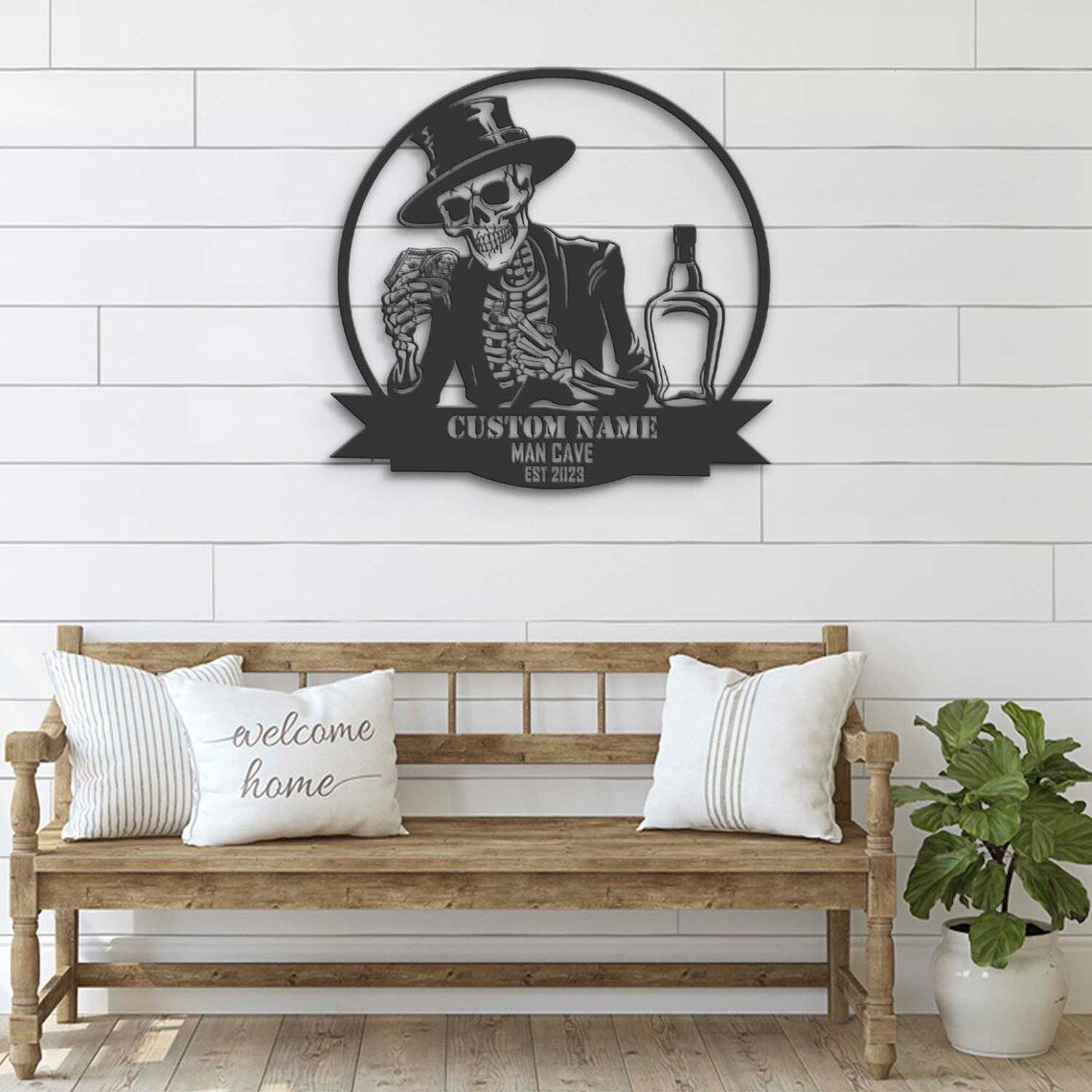 Custom Skeleton Bourbon Cigar Dollars Metal Wall Art LED Light, Personalized Whiskey Bar Pub Name Sign Decor, Man Cave Halloween Decoration