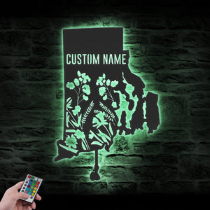 Custom Wild Flower State Metal Wall Art LED Light, Personalized Wildflower Map Name Sign Home Decor, Floral Decoration Christmas