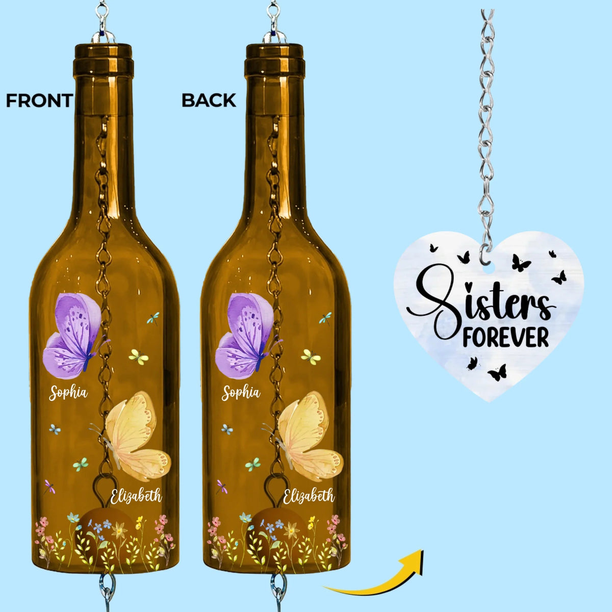 Sisters Birth Month Butterflies - Personalized Wine Bottle Wind Chime - Birthday Gift For Sisters, Besties