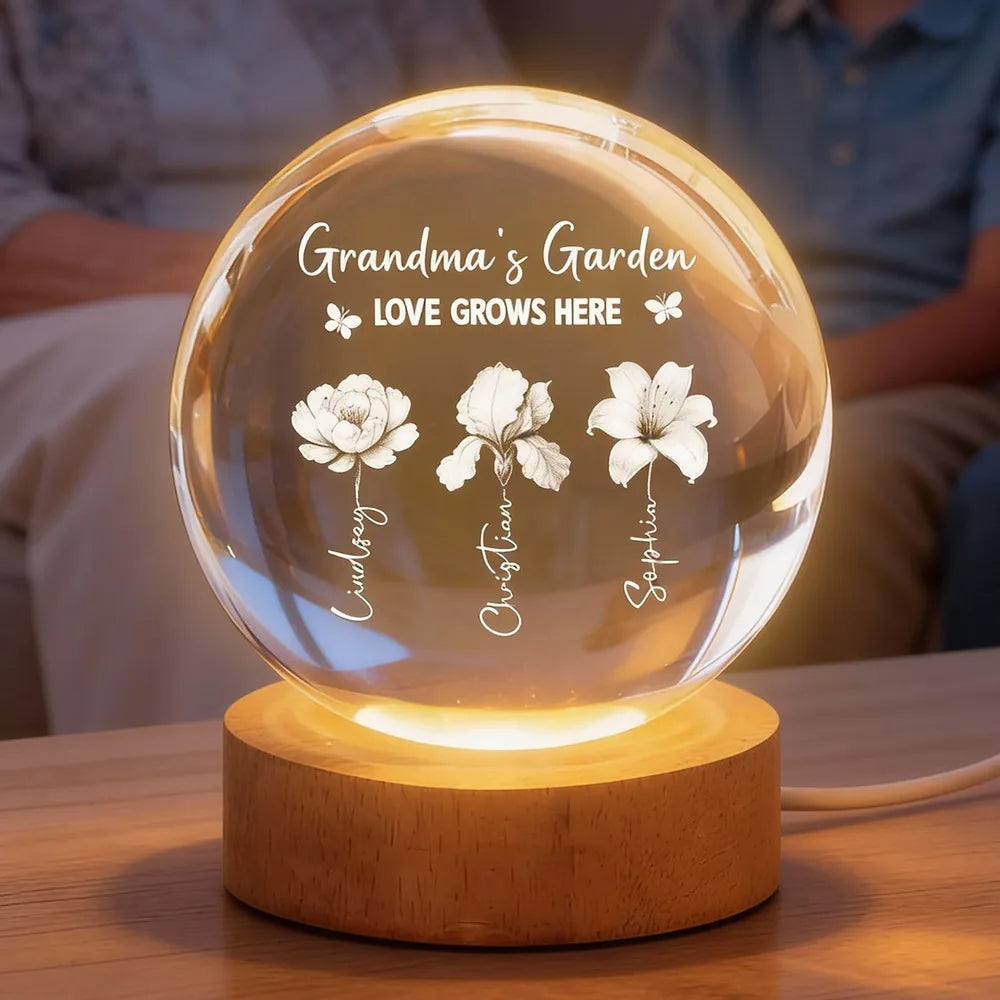 Grandma's Garden 3D Effect Birth Month Flowers - Personalized Crystal Ball LED Night Light - Gift For Mom, Grandma, Mother's Day Gift