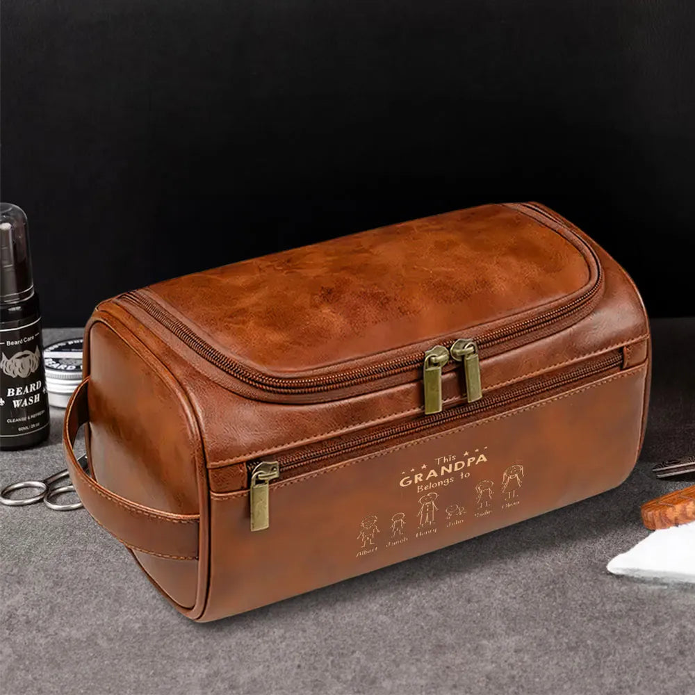 This Papa Belongs To - Personalized Leather Toiletry Bag - Gift For Father, Grandpa, Father's Day Gift