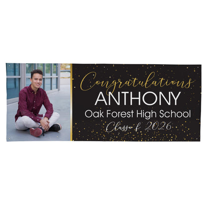 Personalized Graduation Banner with Photo, Black & Gold Congrats Graduate Yard Sign, Custom Name & School Class of 2026 Party Decor