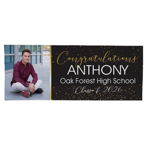 Personalized Graduation Banner with Photo, Black & Gold Congrats Graduate Yard Sign, Custom Name & School Class of 2026 Party Decor