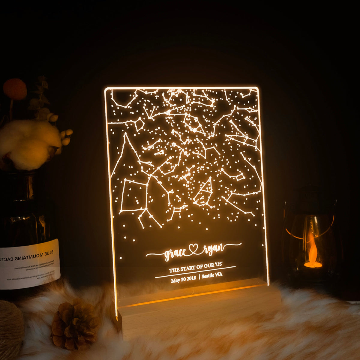 Custom Star Map By Date, Personalized 3D LED Light Wooden Base, Gift For Couple, Engagament Gift