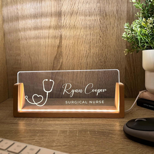 Personalized Name & Title Desk Plate Stand, Stethoscope Symbol Professional Medical Nurse Nursing, Office Sign LED Light Nameplate Gift