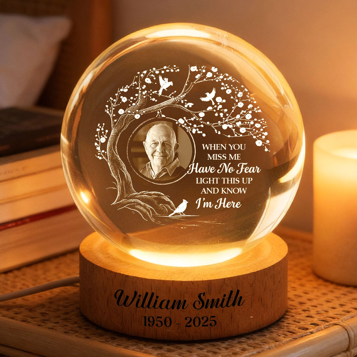When You Miss Me Light This Up Engraved Text On Wooden Base - Personalized Crystal Ball LED Night Light - Heartfelt Memorial Remembrance Keepsake