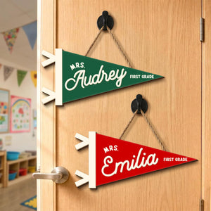 Personalized Teacher Pennant Flag Door Sign, Custom Teacher Name And Grade Sign, Back To School Gift, Teacher Gift, Class Welcome Sign