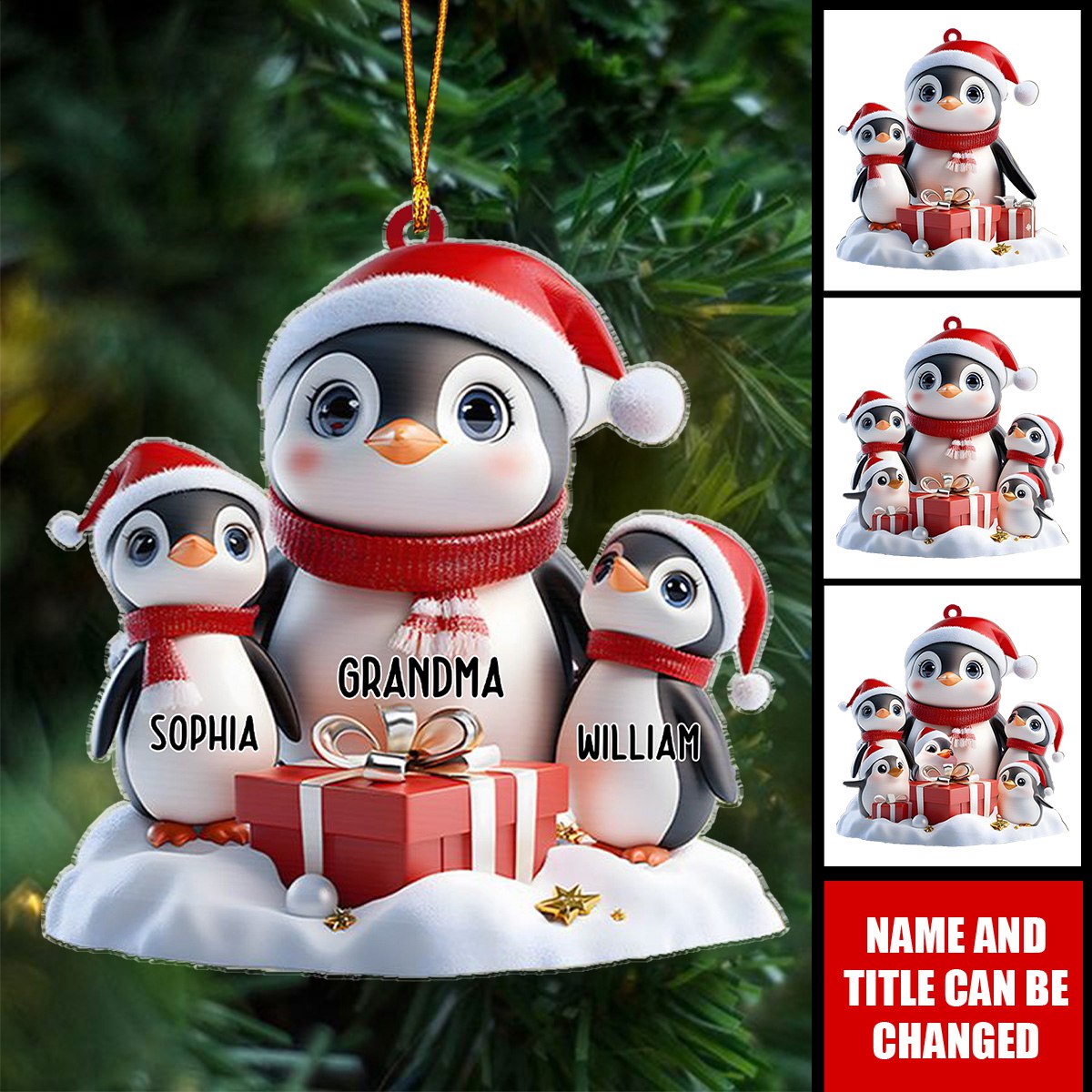 Cute Penguin Ornament, Personalized Grandma Mama Christmas Shaped Ornament