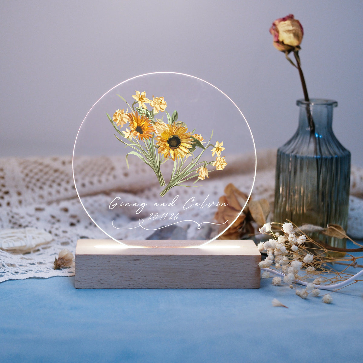 Custom Couples Name Night Light with Sunflower, Personalized Led Night light, Anniversary Gift, Valentine's Gift, Unique Wedding Gift
