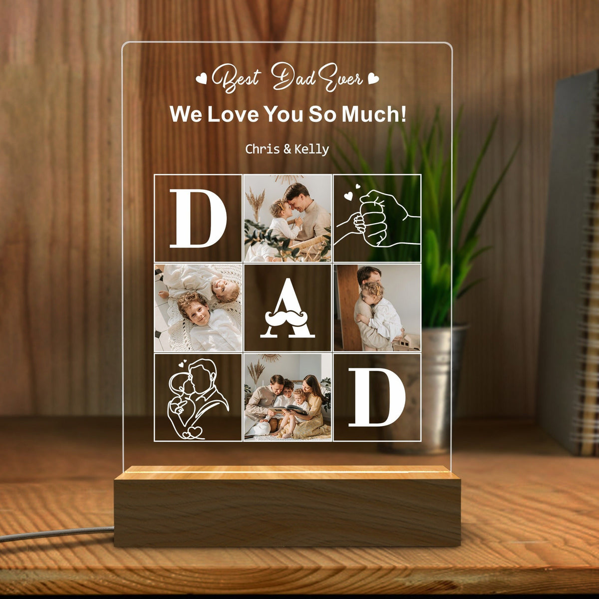 Best Dad Ever Photo Collage - Personalized 3D LED Light Wooden Base - Gift For Father