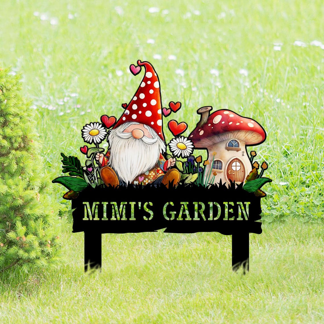 Custom Garden Gnome Yard Stake, Mother's Day Gnome Gifts, Mushroom Yard Art, Gift for Mimi Grandma, Outdoor Lawn Decor, Nana's Blessings