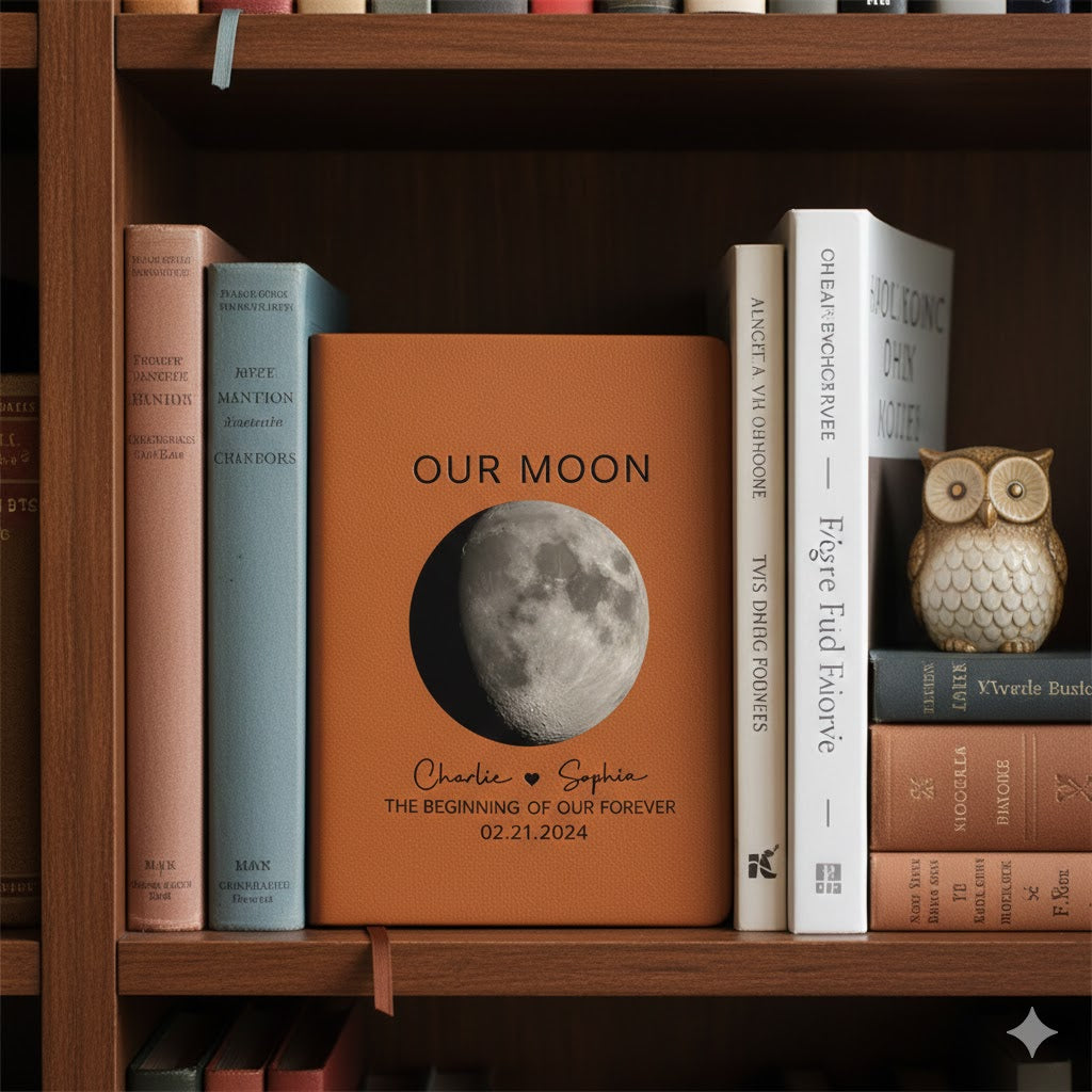 Our Moon Couple Moon Phase - Personalized Graphic Leather Journal - Anniversary Gift For Him Gift For Her
