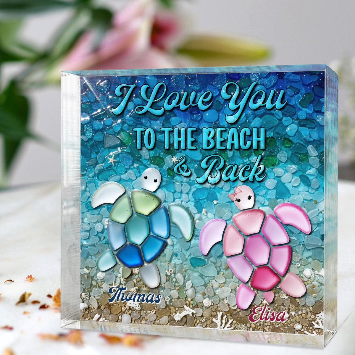 Custom 2D Flat Turtle Couple's Name SeaGlass Acrylic Blocks, Anniversary Engagement Gift, Coastal Beach Christmas Decor Gift for Couple