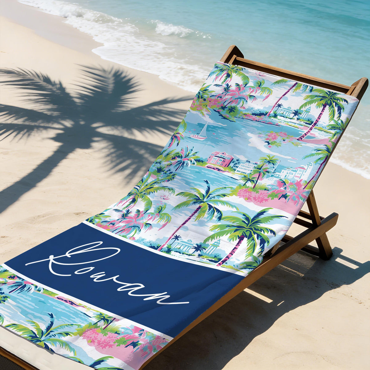 Custom Palm Tree Tropical Beach Towel, Custom Name Birthday Party Pool Towel, Bachelor Bath Towel, Vacation Gift for Girls, Beach Lover's Gifts