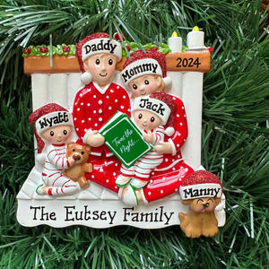 Family Of Four Reading In Pajamas, Family of Four with Matching Pajamas, Personalized Christmas Ornament With Optional Pet