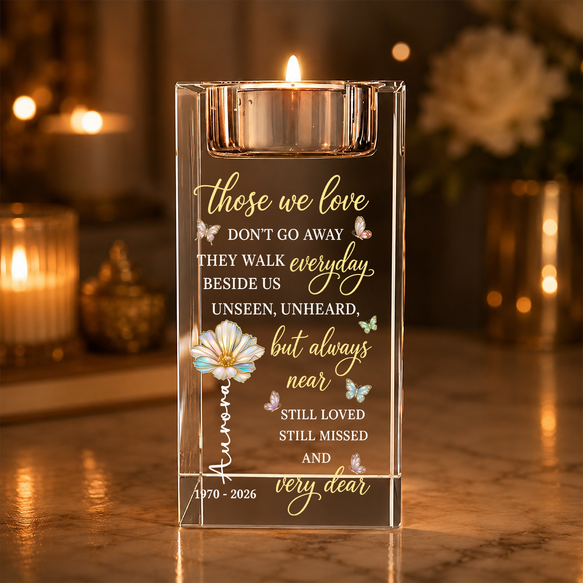 Light Up Memorial Flowers Personalized Crystal Candle Holder