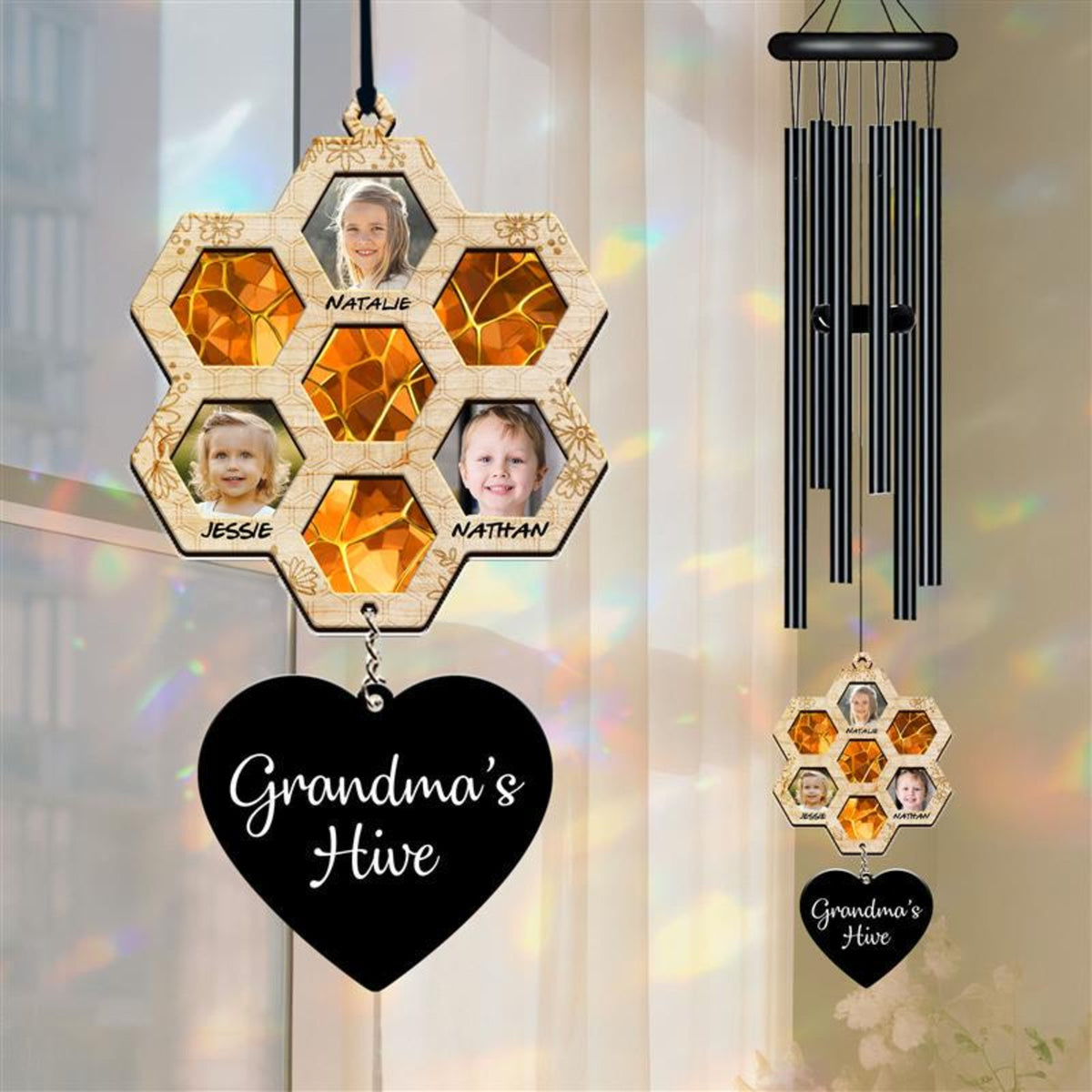 Personalized Honeycomb Wind Chime, Custom Grandma s Hive Wind Chime, Honeycomb Design with Photo, Name, Gift for Grandma, Gift for Mom, Nana