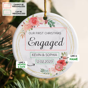 First Christmas Engaged Pink Flowers Wreath - Personalized Ornament - Christmas Gift