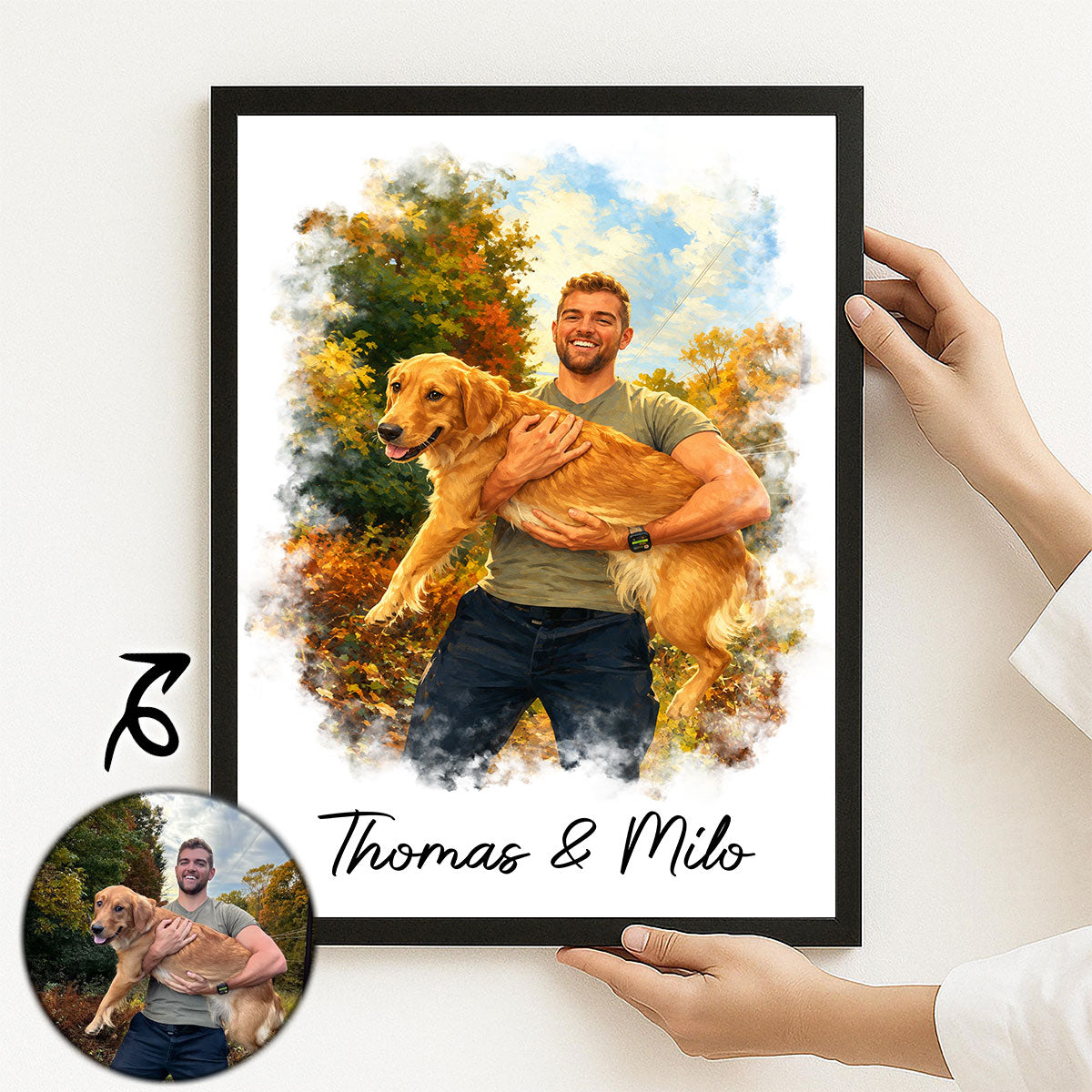 Custom Photo Watercolor Painting Family Besties Dog Cat Portrait - Personalized Poster