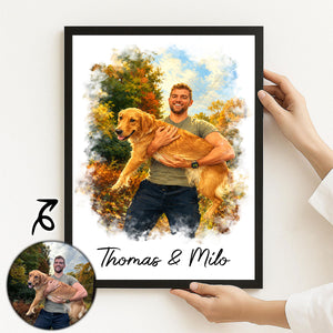Custom Photo Watercolor Painting Family Besties Dog Cat Portrait - Personalized Poster