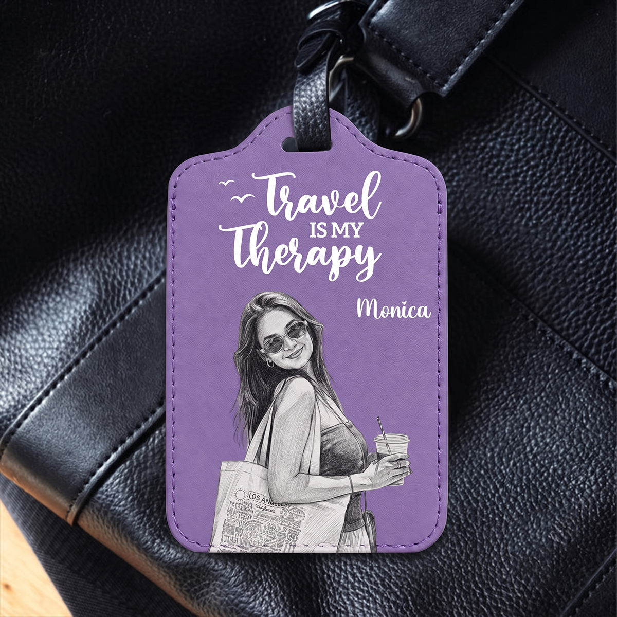 Custom Photo Bold Sketch Couple Besties Dog Cat Funny Portrait - Personalized Leather Luggage Tag
