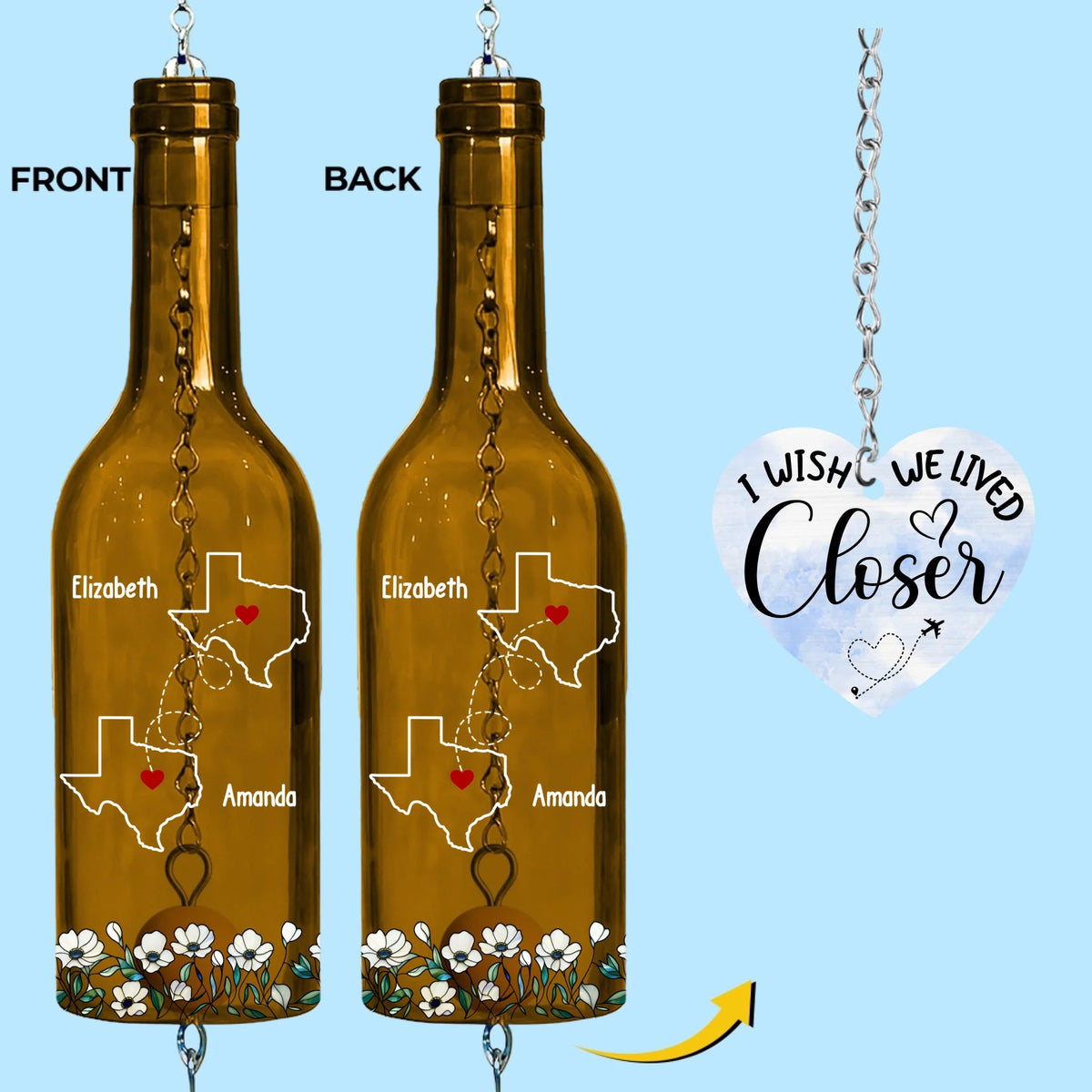 I Wish We Lived Closer - Personalized Wine Bottle Wind Chime - Gift For Sisters, Besties, Friends