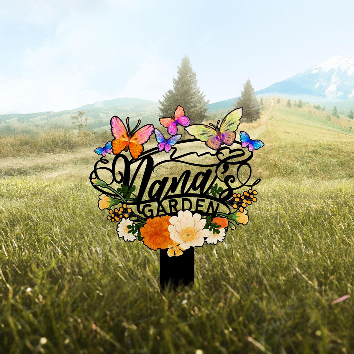 Personalized Garden Stake, Nana's Garden Sign with Butterflies and Flowers, Outdoor Metal Sign, Mother's Day Gift, Nana's Blessings With Butterflies