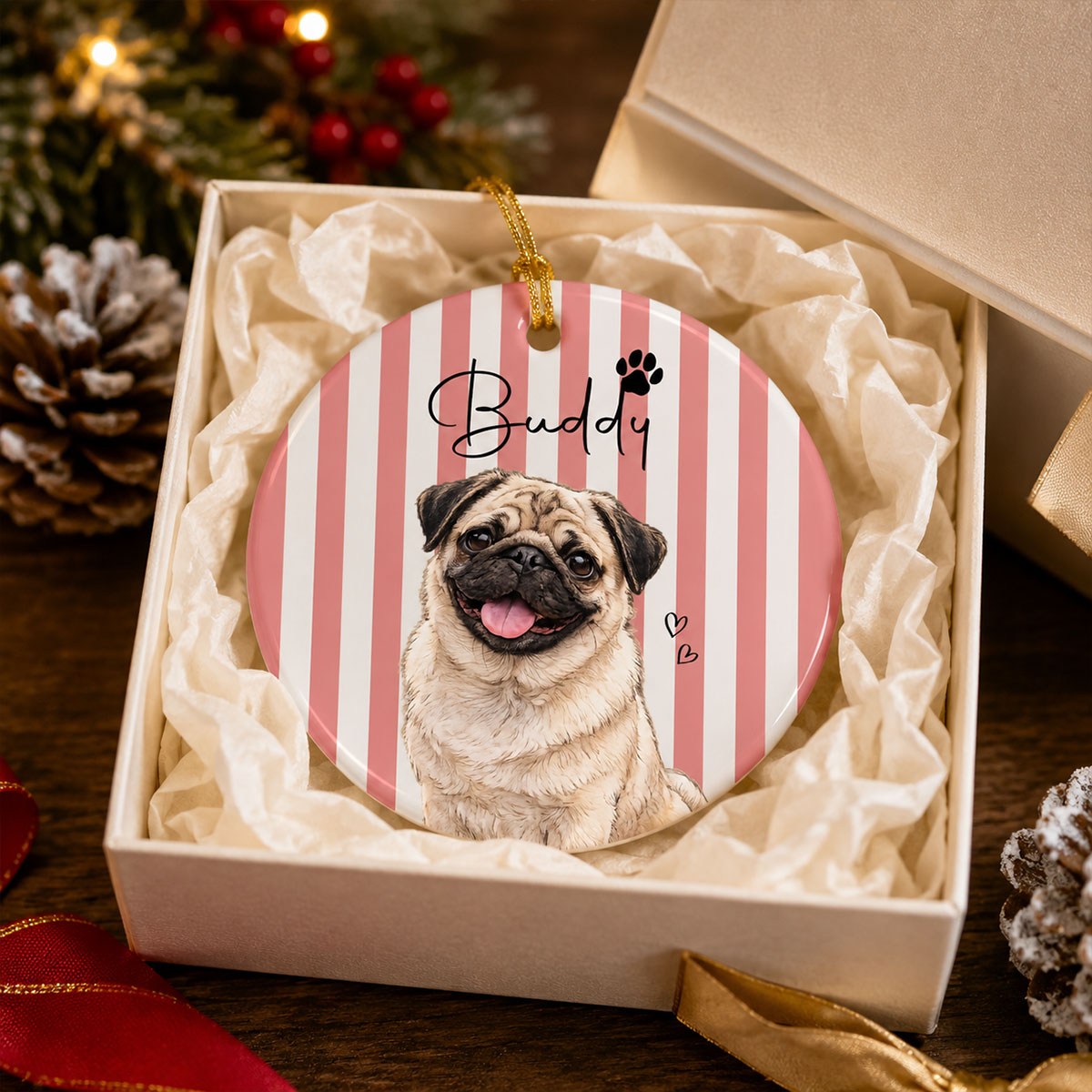 Personalized Watercolor Pet Portrait Striped Ornament - Christmas Gifts For Dog Cat Lovers