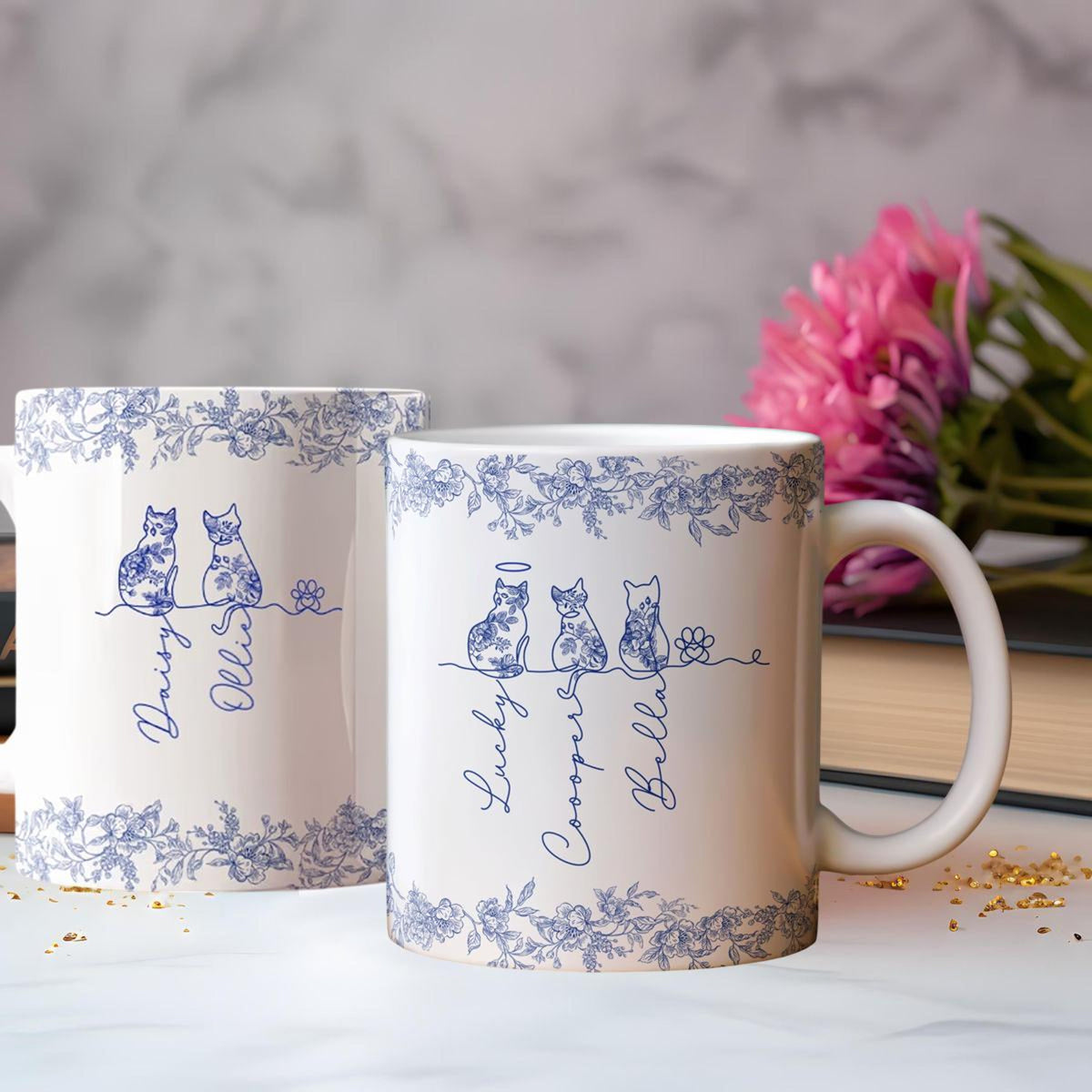 Custom Cat's Name Mug, Toile De Jouy Birth Flowers Mug, Cat Memorial Gift, Cat Lovers Gift, Cat Mom Gift, Gift For Cat Owner, Cat Owner Gift