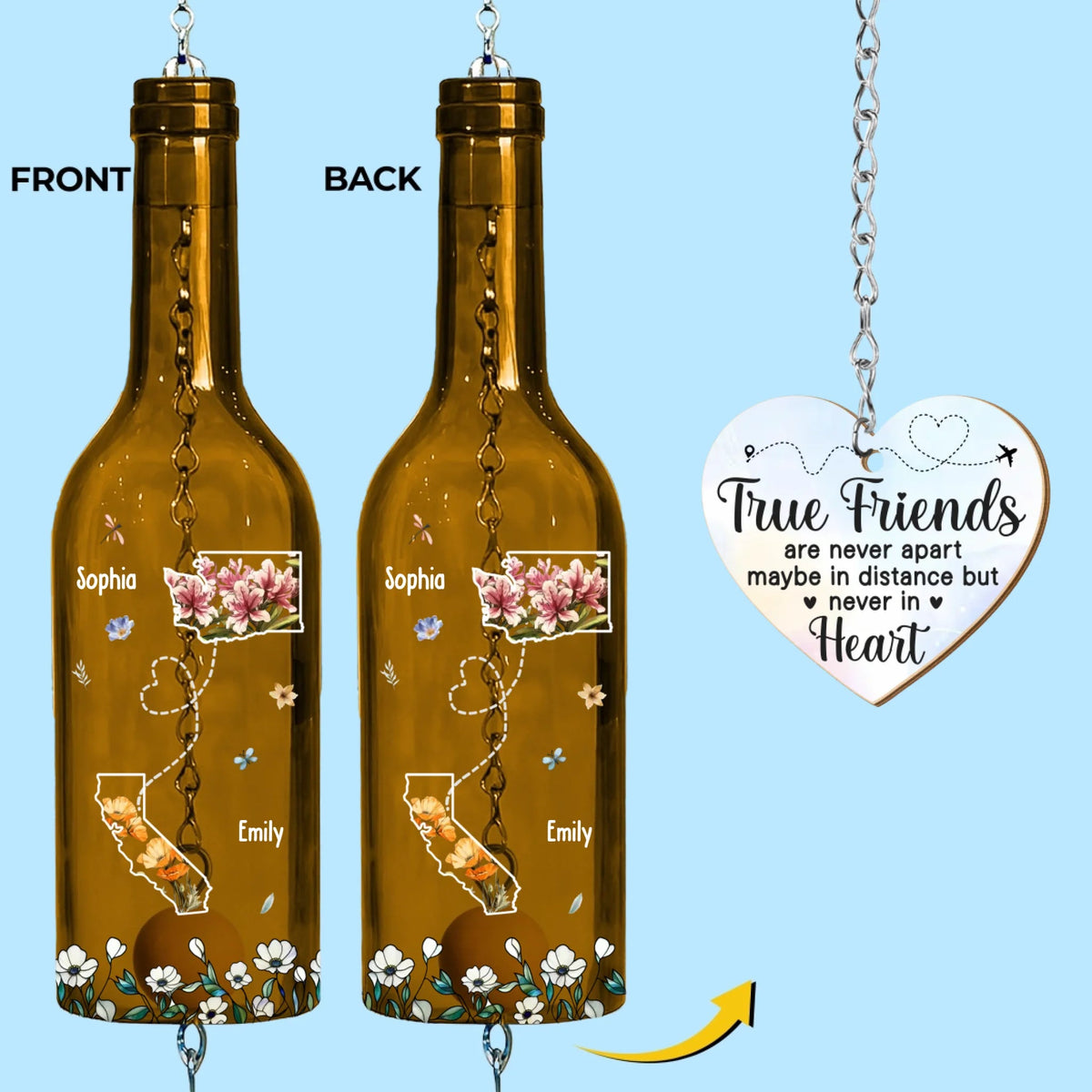 Long Distance Friends - Personalized Wine Bottle Wind Chime - Gift For Sisters, Besties, Friends