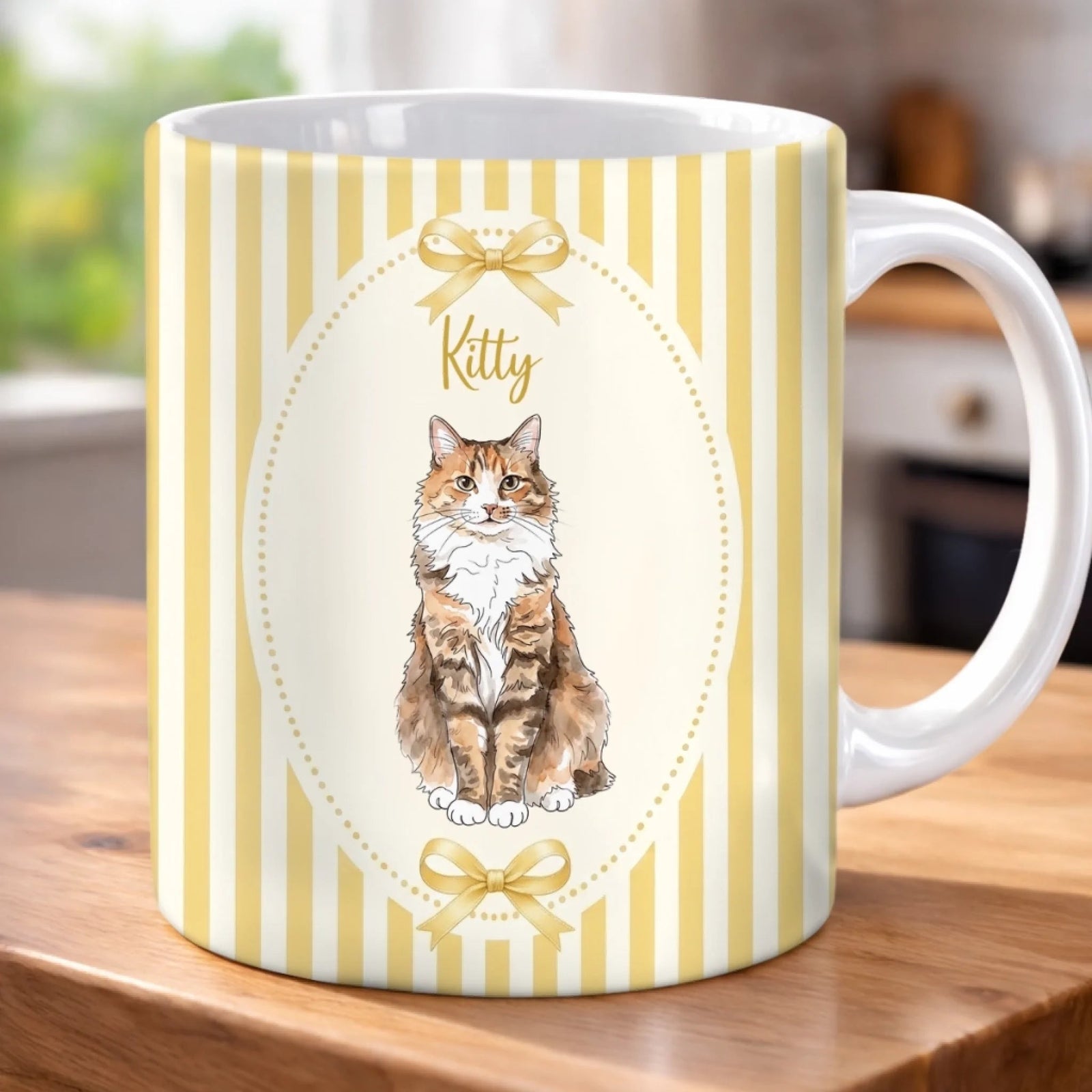 Personalized Cat Mom Dog Mom Mug, Custom Pet Lover Coffee Mug with Pet Portrait & Name, Cute Yellow Striped Ceramic Cup Gift for Pet Owners