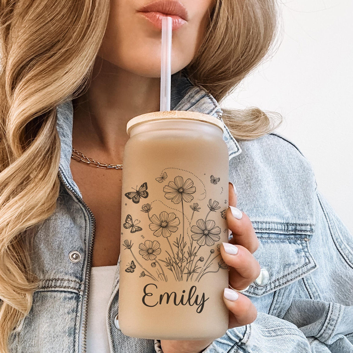 Personalized Birthflower Glass Tumbler, Birth Month Flower Glass Cup, Birthday Gift Iced Coffee Cup