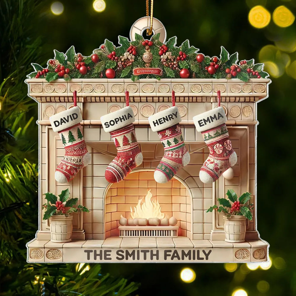Christmas Retro Fireplace 3D Efect Family Christmas Stockings On Mantel Ornament, Christmas Gift For Family, Keepsake Ornament