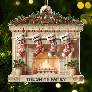 Christmas Retro Fireplace 3D Efect Family Christmas Stockings On Mantel Ornament, Christmas Gift For Family, Keepsake Ornament