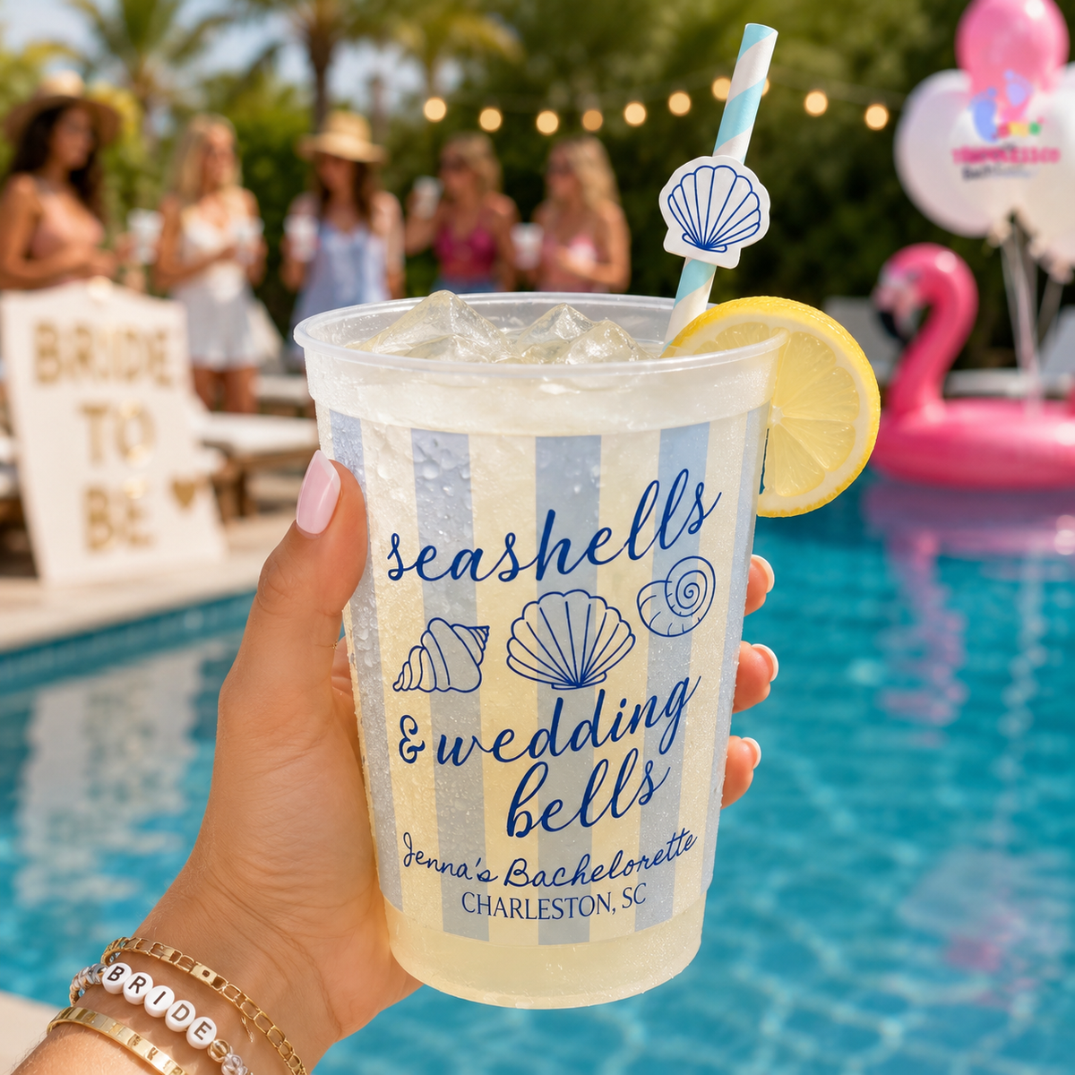 Personalized Seashells and Wedding Bells Plastic Cup, Seashell Bachelorette Cup, Coastal Bachelorette Drinkware, Beach Club Stripes Cup